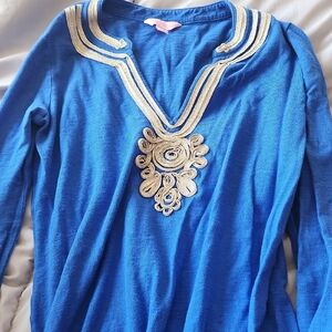 Lily Pulitzer Blue Embellished V-Neck Top with Gold Trim